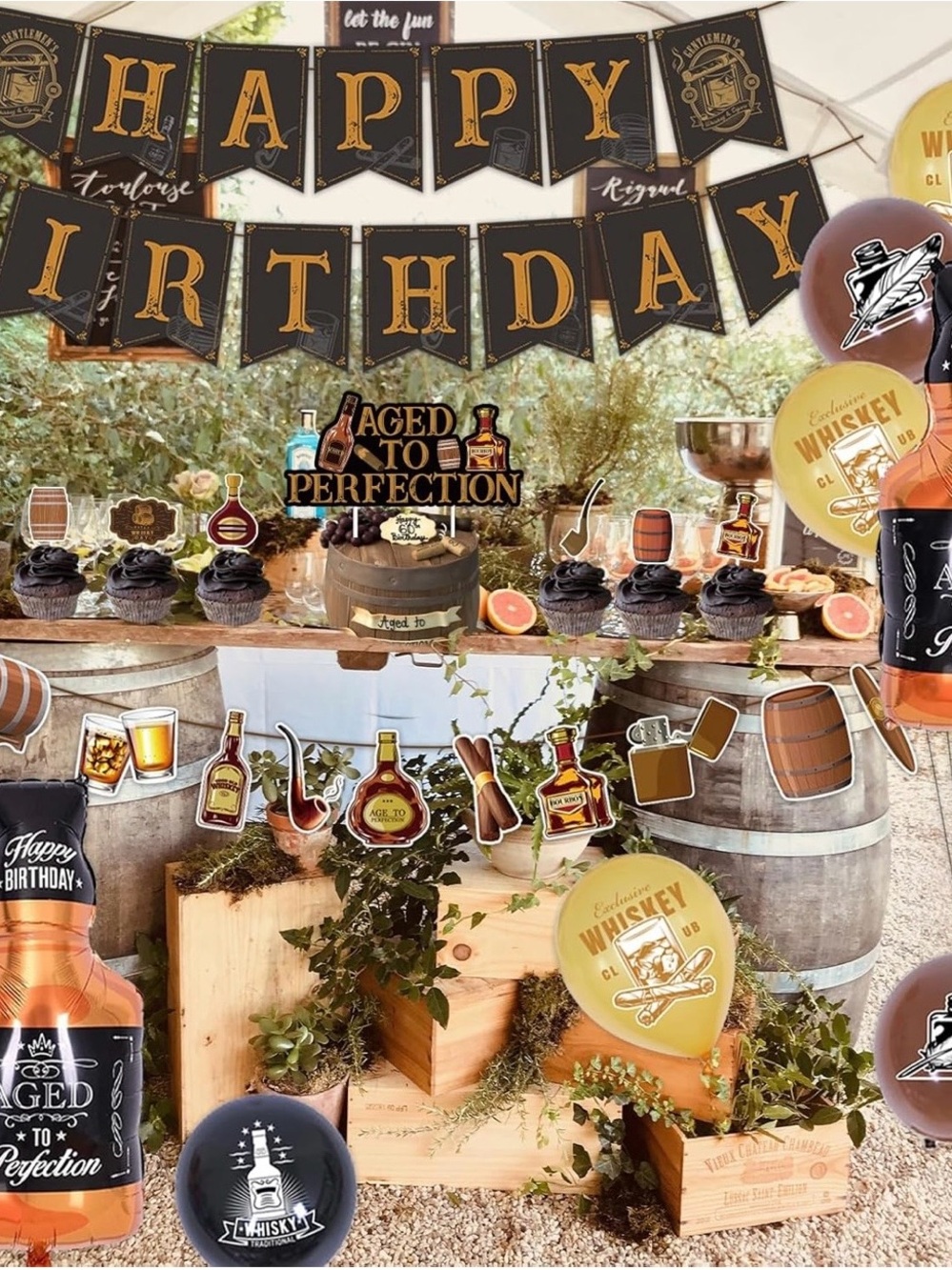 #359 Perfection Black and Gold Whiskey-Themed Birthday Banner and Table Kit